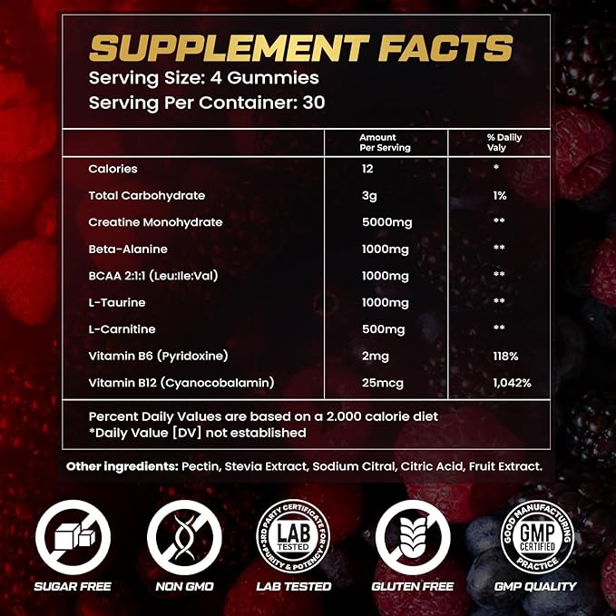 KUKALY Creatine Monohydrate Gummies for Men & Women, 9000MG Creatine Gummies Sugar Free - Mixed Flavored with L-Taurine, BCAA 2:1, B12 B6 for Boost Strength, Focus & Endurance, Vegan, Non-GMO, 120pcs