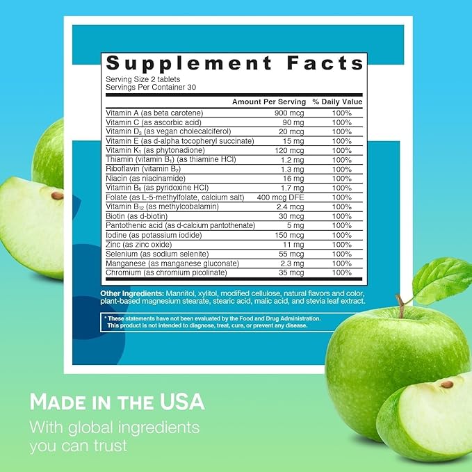 EZ Melts Multivitamin Without Iron - Daily Supplement with 18 Vitamins & Minerals - Contains Vitamin C, Folate, Biotin & More - Non-GMO & Vegan - Apple - 120 Dissolvable Tablets (60 Servings)