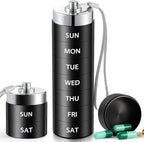 Metal Travel Pill Organizer, Large Weekly Pill Box, Portable Aluminum Alloy Waterproof Container, 7 Day Daily Medicine Organizer Holder for Vitamin, Fish Oil, Supplement, Black