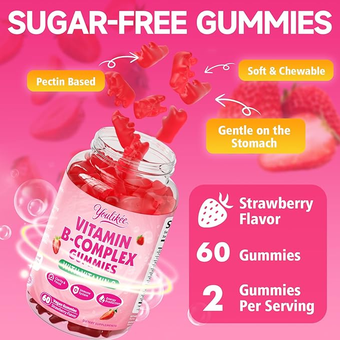 2 Pack Vitamin B-Complex Gummies for Women & Men, Methyl B12, B1, B2, B3, B5, B6, B7 & B9 - Vitamin B Complex with Vitamin C Supports Energy & Immune Function, Strawberry Flavor, 120 Count