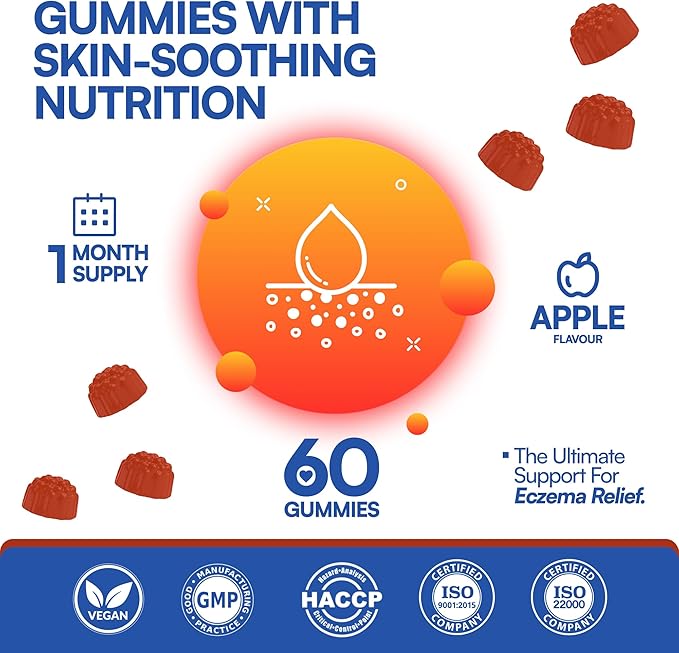 Sugar Free Eczema Treatment Gummies - USA Made - 50+ Vitamins & Probiotics for Clear, Hydrated Skin - Soothes Itching, Calms Redness & Boosts Skin Health (60 Gummies)