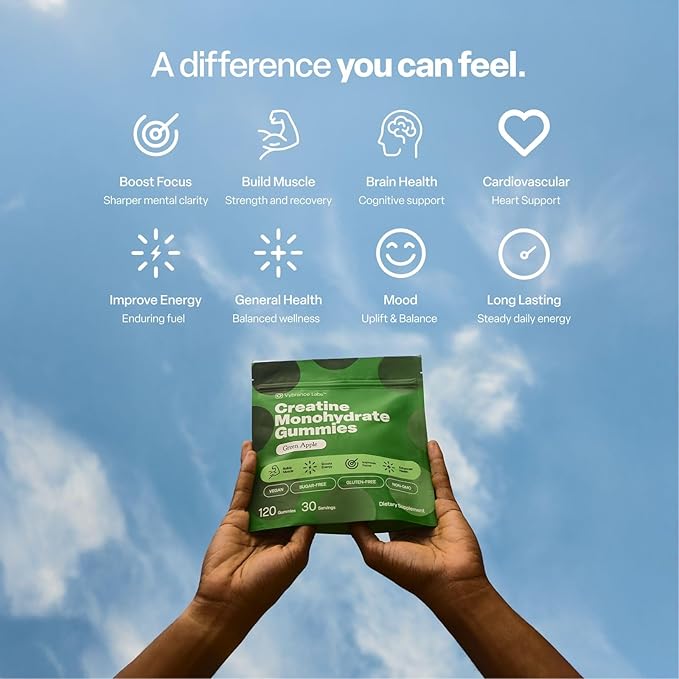 VYBRANCE LABS Creatine Gummies for Women & Men — First & Only 5g Creatine + Taurine + Vitamin B12 | Vegan Creatine Gummies | Sugar-Free | Sour Green Apple