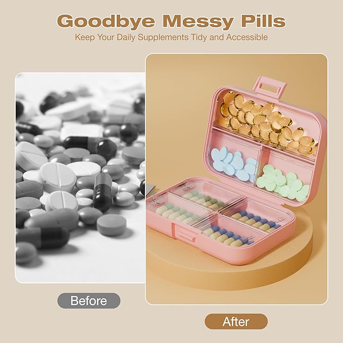 Travel Pill Box, Double Layer 7-Compartments Large Pill Organizer, 4.3" x 3.1" x 1.4" Portable Weekly Pill Case Container for Pocket, 7 Day Compact Medicine Holder for Vitamins, Fish Oils Pink