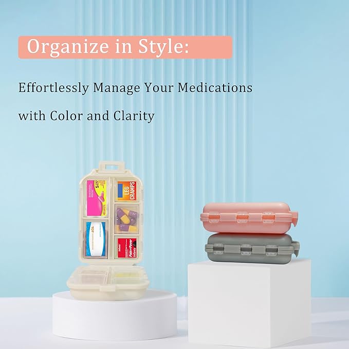 Pill Organizer with Medicine Labels 161 Labels Travel Daily Pill Container Mini Medication Organizer Storage Pill Organizer Travel Essentials Pill Case 7 Day (Beige, 1 Pack)