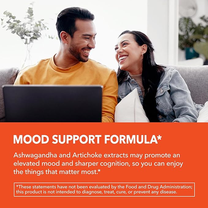 Ashwagandha 1000mg with Artichoke Extract Per Serving - Ashwagandha Capsules for Stress, Mood and Energy Support - Adaptogenic Herbal Support for Men and Women - 90 Count - Vegan, Non-GMO, 45 Servings