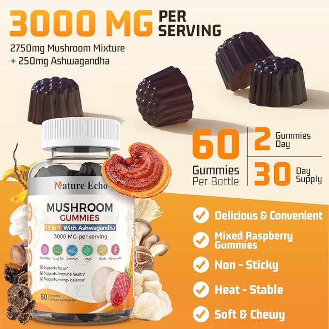 15 in 1 Mushroom Complex Gummies & Ashwagandha Gummies 3000 mg - Lions Mane, Reishi, Turkey Tail & More | Mushroom Supplement for Cognitive Function, Focus & Memory | Raspberry Gummies| Sugar-Free
