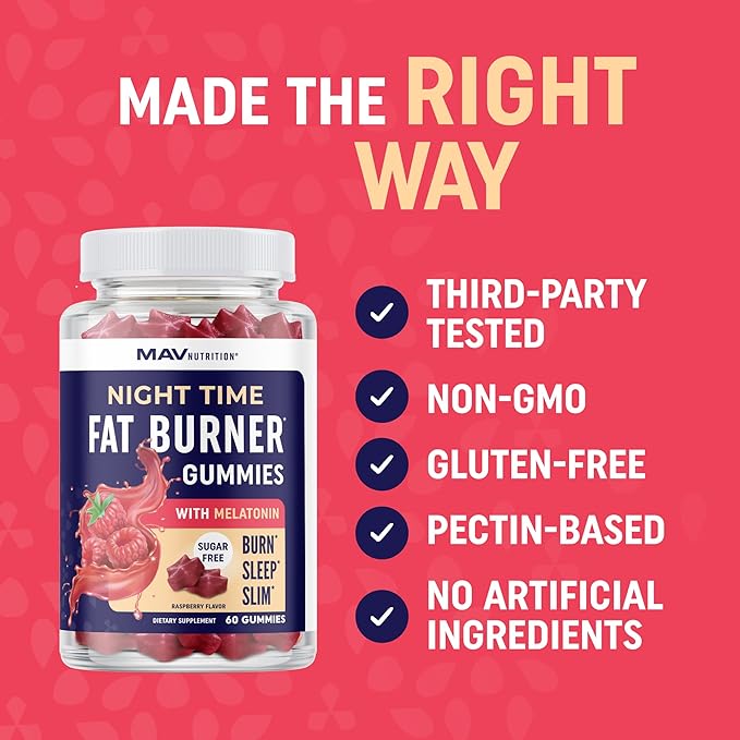 Night Time Fat Burner Gummies with Melatonin for Sleep & Weight Loss Support | Hunger Suppressant & Metabolism Booster, Shred Belly Fat While You Sleep | Diet Supplement for Women & Men | 60 Ct