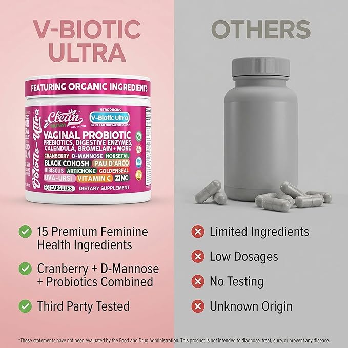 Clean Nutra Vaginal Probiotics for Women + Prebiotics Digestive Enzymes Bromelain Cranberry D Mannose Horsetail Black Cohosh Artichoke Hibiscus Flowers Probiotic for Digestive Health 90 Vegan Capsules