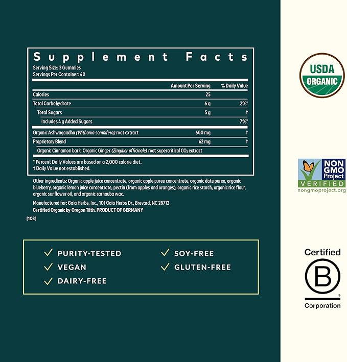 Gaia Herbs Organic Ashwagandha Gummies - Stress Support* - Made with Cinnamon & Ginger - Gluten Free & Vegan - 120 Count (40 Servings)
