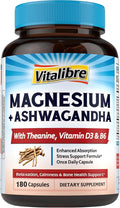 Magnesium Complex with Ashwagandha & L-Theanine - Stress Relief, Bone & Relaxation Support - w/Vitamin D3, B6 - Glycinate, Citrate, Malate, Taurate - 180 Vegan Capsules, Non-GMO, Gluten free