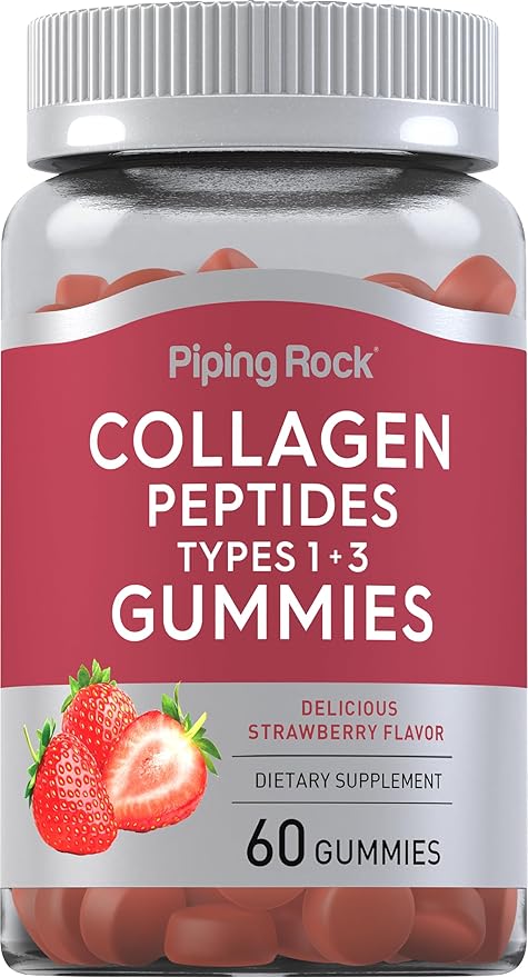 Piping Rock Collagen Gummies | 60 Count | Collagen Peptides Type 1 and 3 | Strawberry Flavor | Bovine Supplement | Non-GMO, Gluten Free