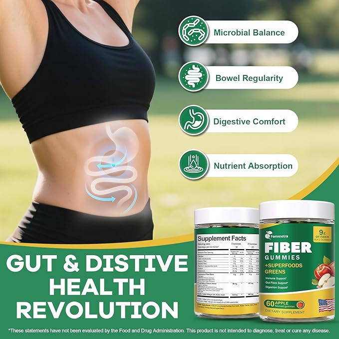 9G Fiber Gummies for Digestive Health & Regularity - No Sugar Added Apple Flavor - Prebiotic Fiber Supplement with Greens - Daily Gummies for Adults, Women & Men - 60CT
