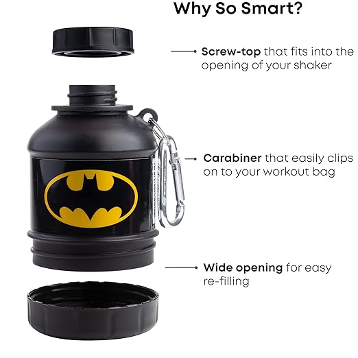 Smartshake Justice League Whey2Go Protein Powder Storage Container 50g – BPA Free Shaker Bottle Funnel for Whey Protein Powder - 110ml, DC Comics - Batman