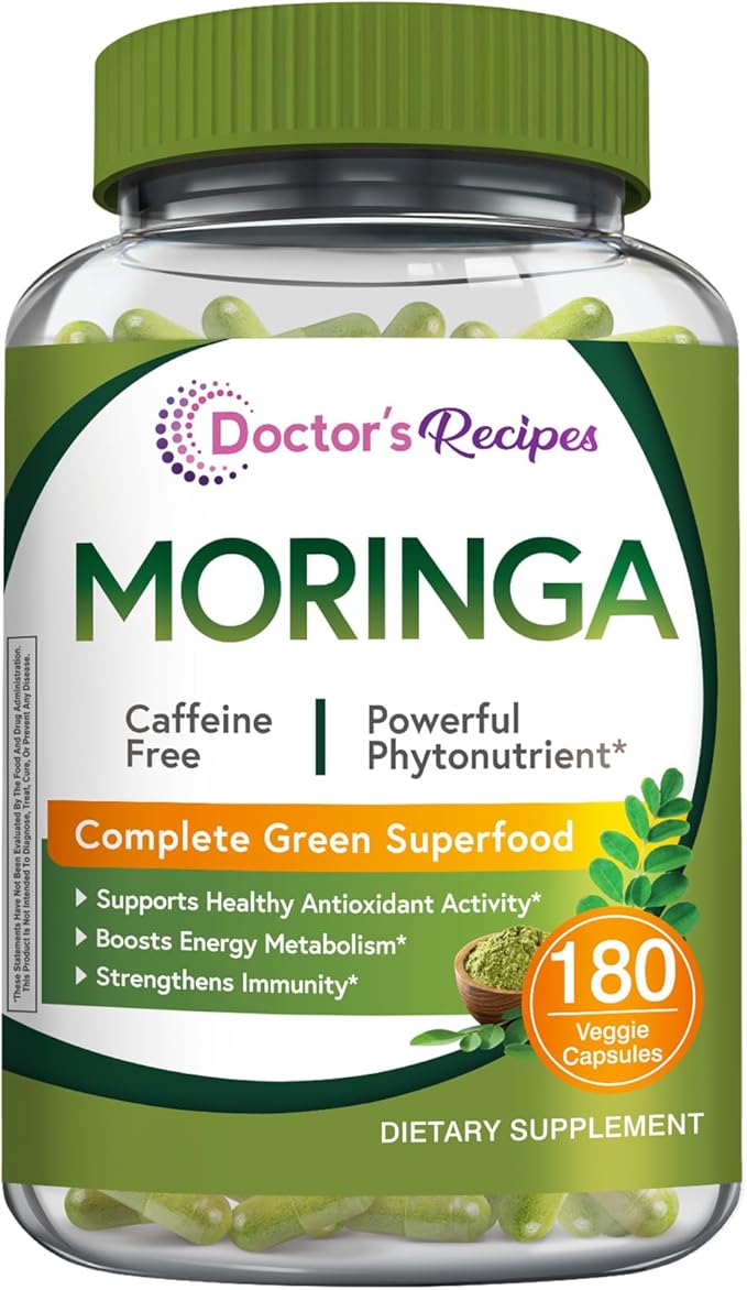 Doctor's Recipes Moringa, Complete Green Superfood, Natural Antioxidant Support, Non-GMO, 180 Vegan Caps, No Caffeine Soy Gluten