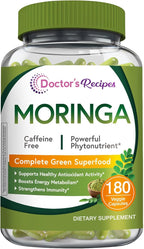 Doctor's Recipes Moringa, Complete Green Superfood, Natural Antioxidant Support, Non-GMO, 180 Vegan Caps, No Caffeine Soy Gluten
