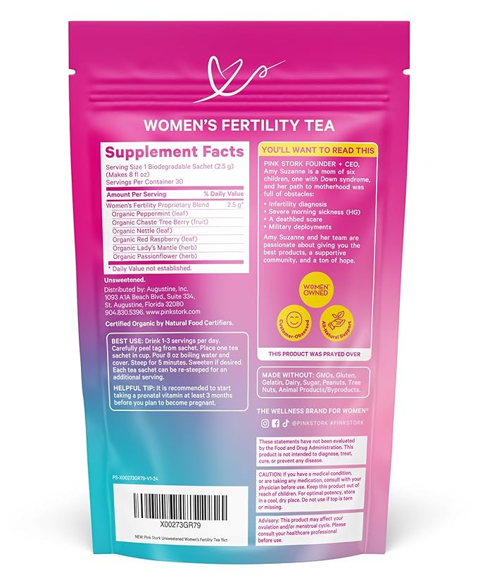Pink Stork Organic Fertility Tea for Women | Fertility Supplements for Women with Chaste Tree Berry (Vitex) + Red Raspberry Leaf | Hormone Balance Herbal Tea for Conception Support | USDA Organic, Caffeine Free - Mint, 15 Sachets