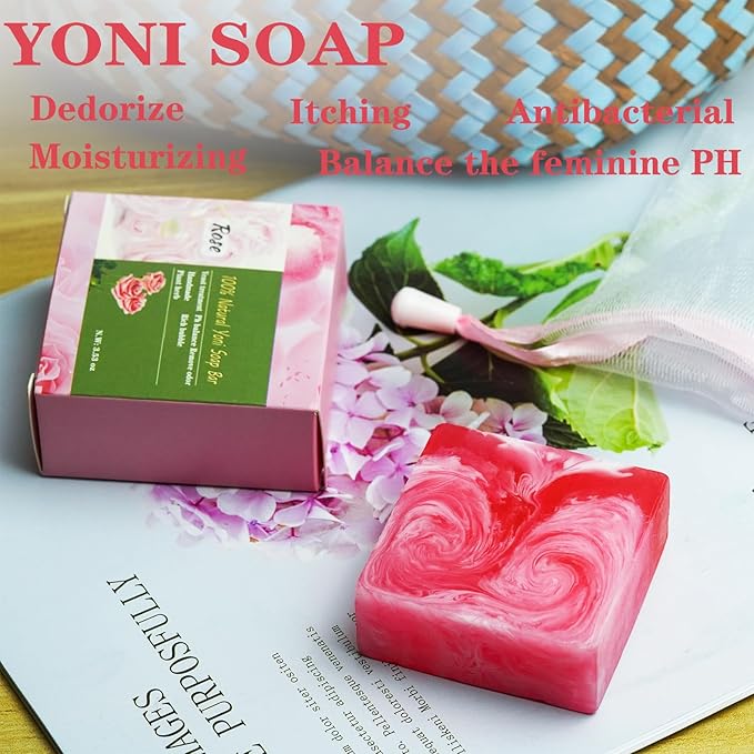 2 PCS Yoni Soap Bars for Women, 100% Handmade Natural PH Balanced & V Cleansing Soap for Women, All Natural Odor Remover with Bubble Foam Net, Yoni Wash Away Odor Deodorant 3.53oz/100g (pink)