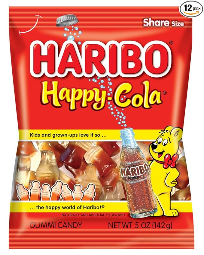 HARIBO Gummi Candy, Happy-Cola Gummy Candy Soda Bottles, 5 Ounce Share Size Bags (Pack of 12) Delicious Soft & Chewy Sweet Snacks, Classic Cola Flavor