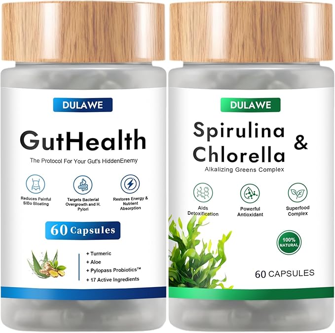 Dulave Gut Health & Spirulina Chlorella Bundle – Probiotics, Digestive Enzymes & Greens – Supports Digestion, Energy, Immune Health – Non-GMO(1 Set)