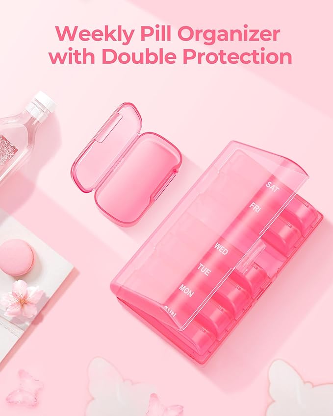 AMOOS Enlarged Weekly Pill Organizer, 7 Day Pill Box Cases Easy to Open, BPA-Free Medicine Organizer with 7 Inner Separate Pill Container for Vitamins, Fish Oils, Supplements
