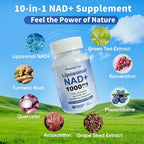 NAD Supplement 1000mg, Liposomal NAD+ Supplement with Resveratrol, Glutathione & Astaxanthin - Support Cellular Health, Stamina & Healthy Aging, NMN Supplement Alternative – 60 Capsules