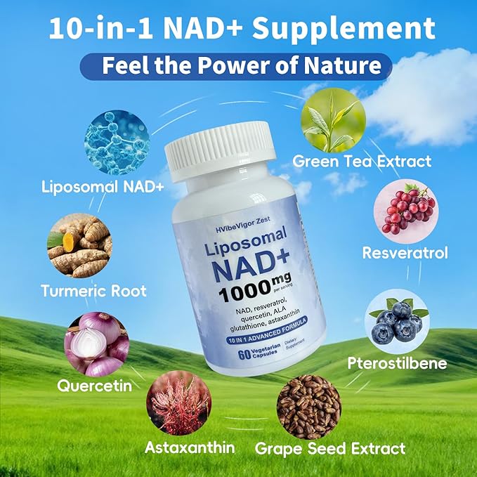 NAD Supplement 1000mg, Liposomal NAD+ Supplement with Resveratrol, Glutathione & Astaxanthin - Support Cellular Health, Stamina & Healthy Aging, NMN Supplement Alternative – 60 Capsules