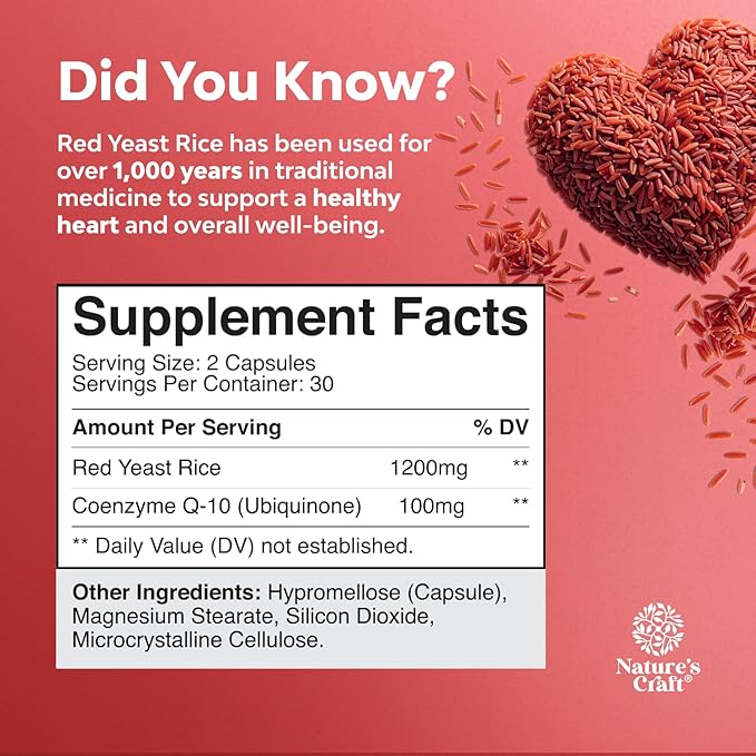 Red Yeast Rice with CoQ10 Supplement - Advanced Healthy Heart & Healthy Cholesterol Levels Formula for Men & Women - Red Yeast Rice Capsules with 1200mg per Serving and CoQ10-60 Count