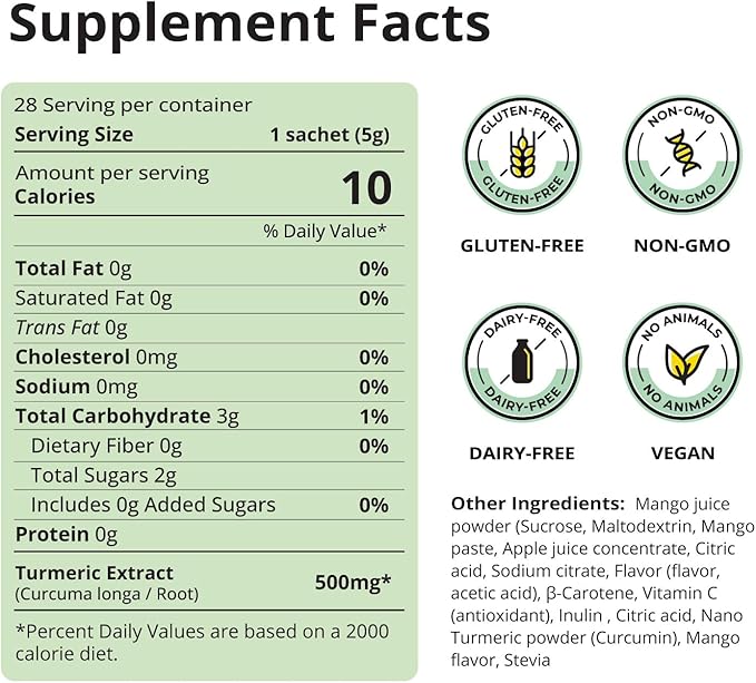 Nano Turmeric Curcumin Drink Powder Supplements–Mango Flavor Daily Morning Routine Immunity Wellness Shot, Gut Health & Joint Support - No Added Sugar, Vegan, Gluten-Free, Non-GMO,28 Sachets