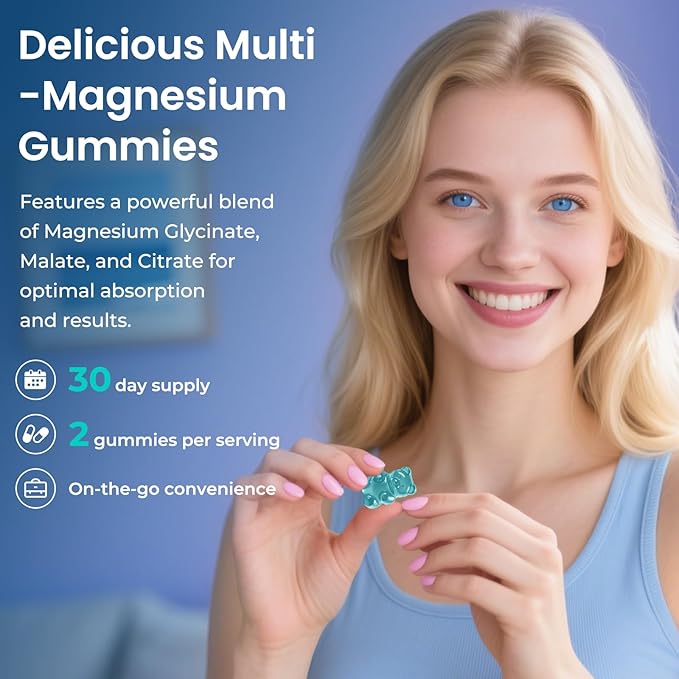 Magnesium Glycinate Gummies 2200mg, High Absorption Magnesium Glycinate, Citrate, Malate Gummies for Adults and Kids, Sugar Free, Vegan for Sleep Support, Blueberry, 60 Count