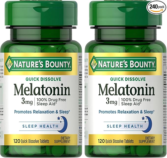 Nature's Bounty Melatonin, Promotes Relaxation & Sleep, 100% Drug Free Sleep Aid, 3 mg, 120 Quick Dissolve Tablets (Pack of 2)
