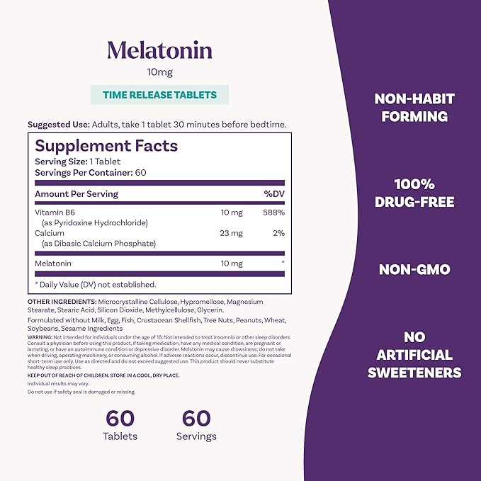 Natrol Melatonin 10mg Time Release Tablets, Sleep Dietary Supplement for Restful Sleep, 60 Melatonin Time Release Tablets, 60 Servings