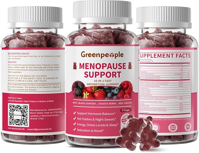 GREENPEOPLE Menopause Supplements for Women Gummies - 16-in-1 Dual Action Menopause Relief W/Black Cohosh, Vitex, Beef Organs for Hormone Balance, Hot Flashes, Night Sweats & Mood, Sugar-Free 60 CT