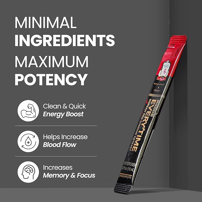 JungKwanJang Everytime Korean Red Ginseng Extract Limited Stick - Earth-Grade Red Panax Ginseng Root Energy Drink - Vegan & No Caffeine Liquid Supplements (10 Sticks, 0.34 fl oz)