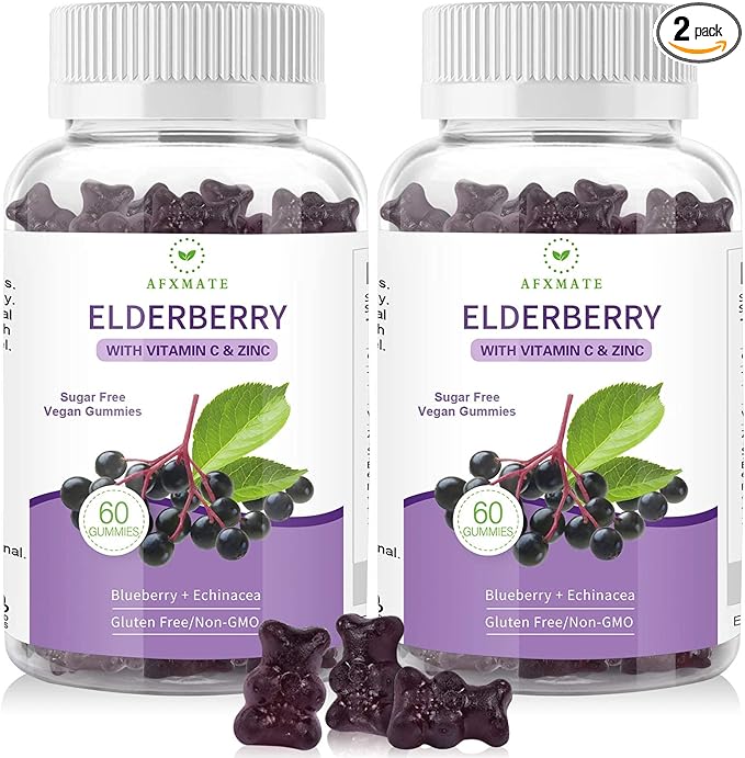 AFXMATE Sambucus Black Elderberry Gummies with Zinc and Vitamin C for Adults Kids Immune Support, Sugar Free Elderberry 120 Counts