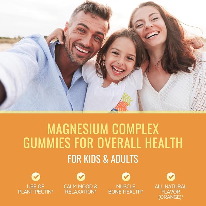 Magnesium Complex Gummies for Kids & Adults- Calm Chewable Gummies- Magnesium Glycinate, Taurate, Citrate, Malate, Supplement-Support Calm Stress Relief, Mood Vegan, Orange Flavor, 60ct