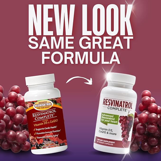 Capsules, 60 Count- Resveratrol Supplement Supports Healthy Aging, Heart Health, and Immune Function with Quercetin, Grape Seed Extract, Vitamin D3 and CoQ10