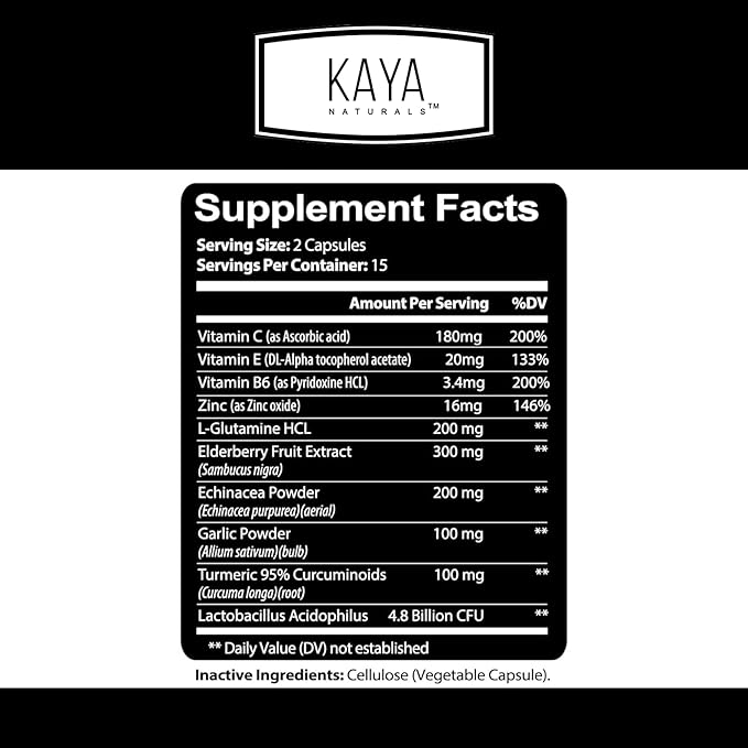 Kaya Naturals Elderberry Immune Support | Vitamins with Zinc and Vitamin C for Adults, Probiotics & Turmeric 1000mg Immune System Booster Sambucus Capsules - 30 Count (Pack of 2)