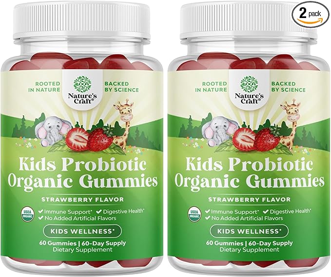 USDA Organic Probiotic Gummies for Kids - Vegan Non-GMO Kids Probiotic Gummy Vitamin for Immunity and Digestive Health - Gentle 2.5B CFU Organic Probiotics Strawberry Flavor 60 Count (Pack of 2)