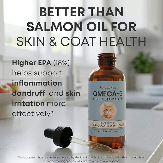 Omega 3 Fish Oil for Cats from Wild Caught Fish - Promotes Healthy Skin, Shiny Coat, & Strong Joints - Minimizes Cat Dandruff - 4 oz Approx. 157 Servings - Human-Grade Clean Ingredients