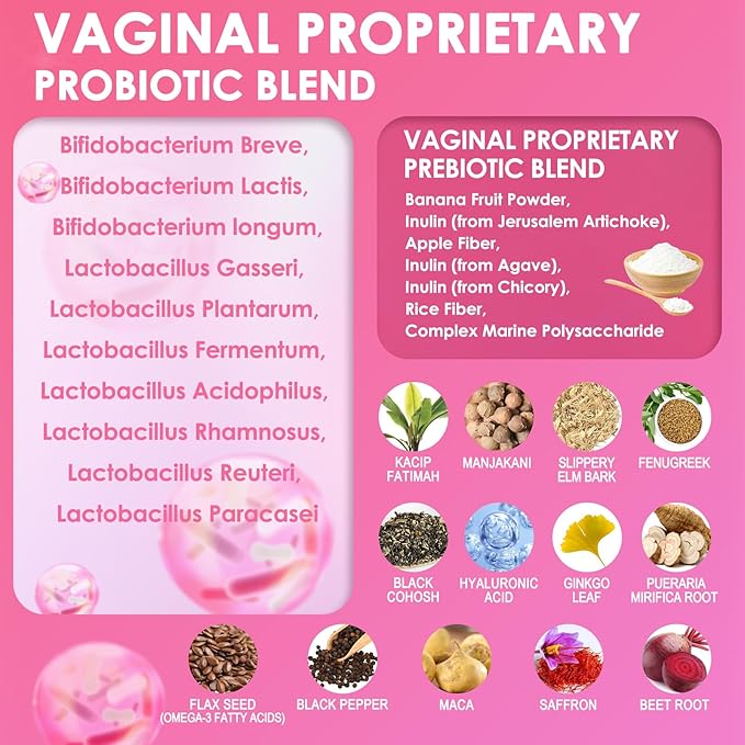 Vaginal Probiotics for Women Vaginal Moisturizer, pH, Odor, Flora, Hormones, Comfort, Mood & Relaxation, 30-in-1 Vaginal Moisture Plus with Slippery Elm Bark, Hyaluronic Acid, Fenugreek - 120 Caps