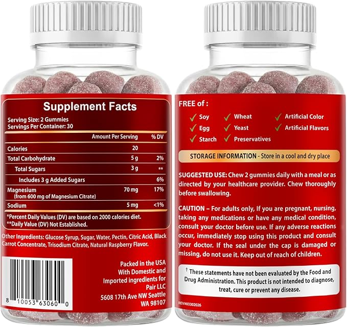 Vitboost Magnesium Citrate Gummies 600mg - 60 Count Vegan Magnesium Gummies for Relaxation & Muscle Support - Natural Raspberry Flavor - Non-GMO, Gluten Free, Plant Based