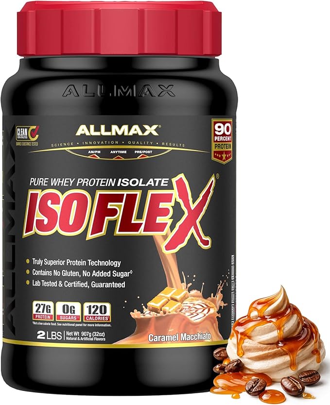 ALLMAX ISOFLEX Pure Whey Isolate Protein Powder - Gluten Free, Low Lactose, Sugar-Free - High-Protein, Clean, Keto-Friendly for Pre Post Workout Supplement for Women and Men | Caramel Macchiato, 2lb