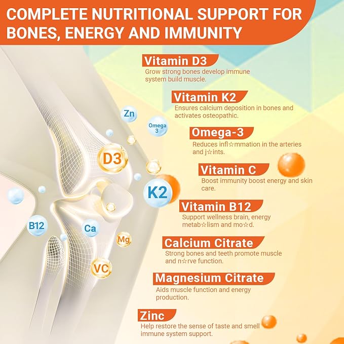 Vitamin D3 K2 Gummies, Sugar Free D3 K2 Vitamin with Omega 3, Calcium, Magnesium for Bone Muscle Teeth Immune