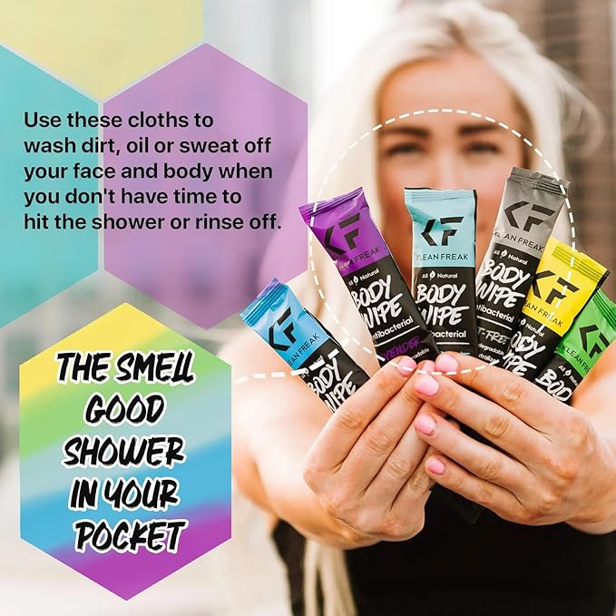 The Klean Freak Body Wipes - 12 count Individually Wrapped | Showerless Body Wipe for Women & Men | Sustainable Bodywipes for Gym, Travel, Camping | Scent Free