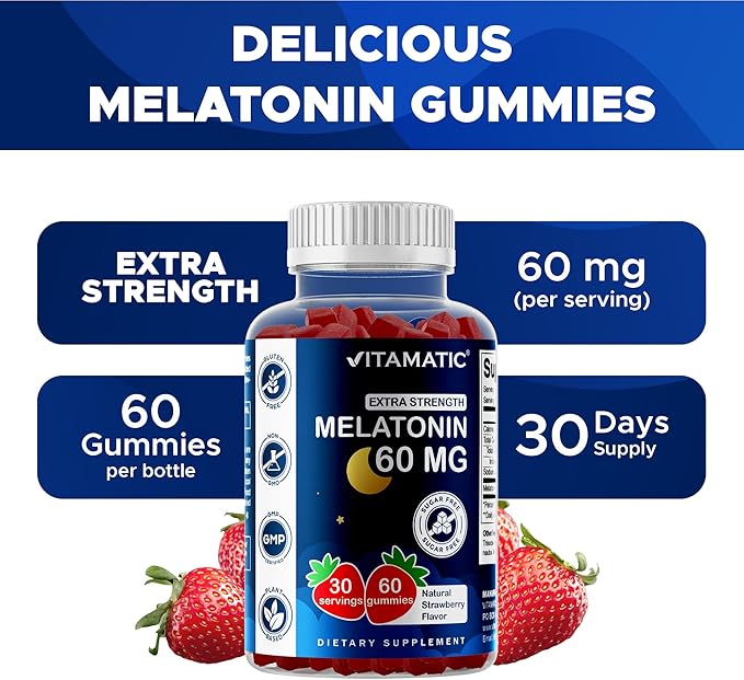 Vitamatic Sugar Free Melatonin 60 mg - 60 Vegetarian Gummies - Non-Habit Forming Supplement- 2 Pack