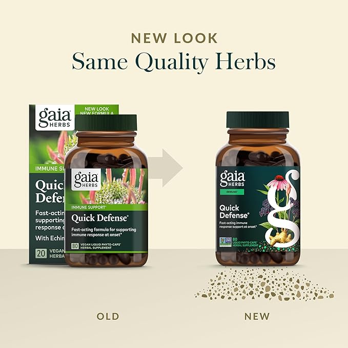 Gaia Herbs Quick Defense - Fast-Acting Immune Support Supplement* - Echinacea, Black Elderberry, Ginger & Andrographis - 80 Vegan Liquid Phyto-Caps (40 Servings)