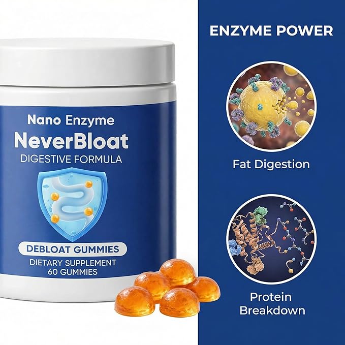 Nano Digestive Enzyme Gummies with Probiotics – NeverBloat Formula for Daily Digestive Support, Helps Relieve Bloating & Gas, Chewable Enzyme Complex - 60 Gummies