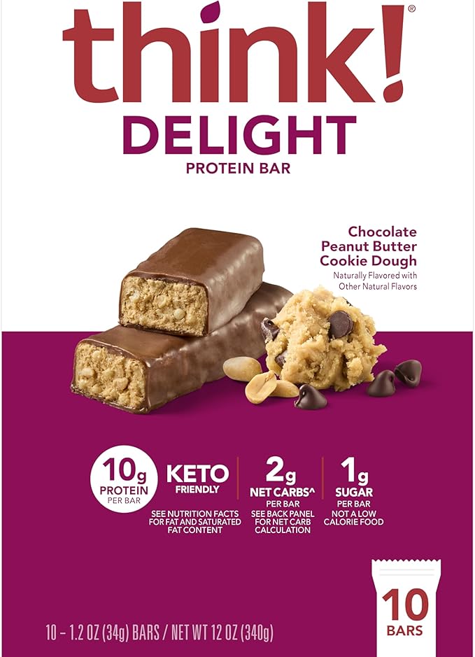 think! Delight, Keto Protein Bars, Healthy Low Carb, Gluten Free Snack - Chocolate Peanut Butter Cookie Dough, 10 Count (Packaging May Vary) (Pack of 2)