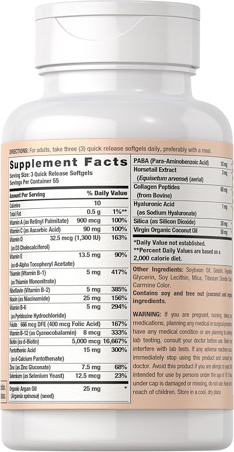 Coera Hair, Skin and Nails Vitamins with Collagen, Biotin & Moroccan Argan Oil | 165 Softgels | Non-GMO & Gluten Free Supplement for Men and Women