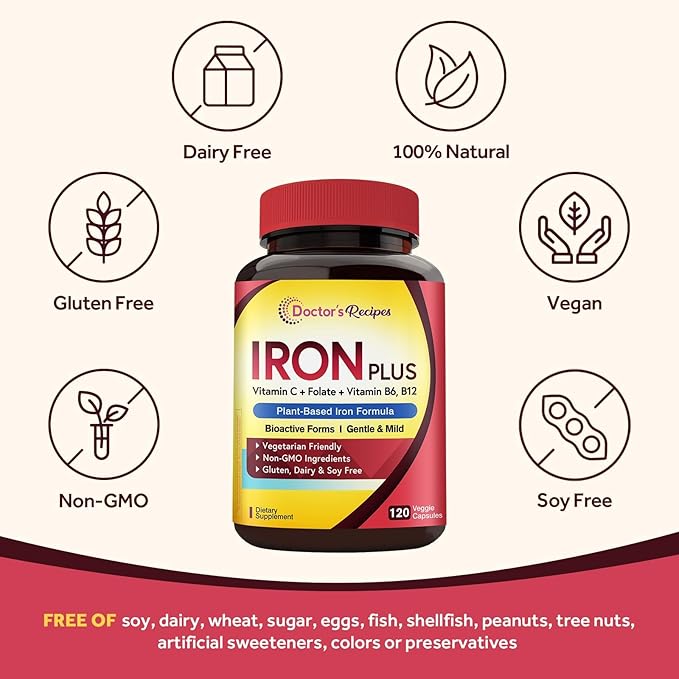 Doctor's Recipes Iron Supplement for Women Men - Gentle Iron Bisglycinate with Vitamin C, B6, Folate & B12, Stomach Friendly Iron Pills, 120 Vegan Caps